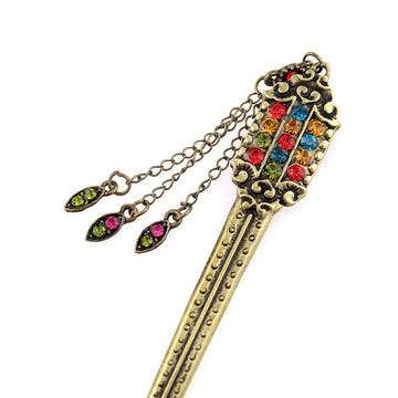 Antique Brass Finish Flat Hair Stick with Rhinestones & Tassels